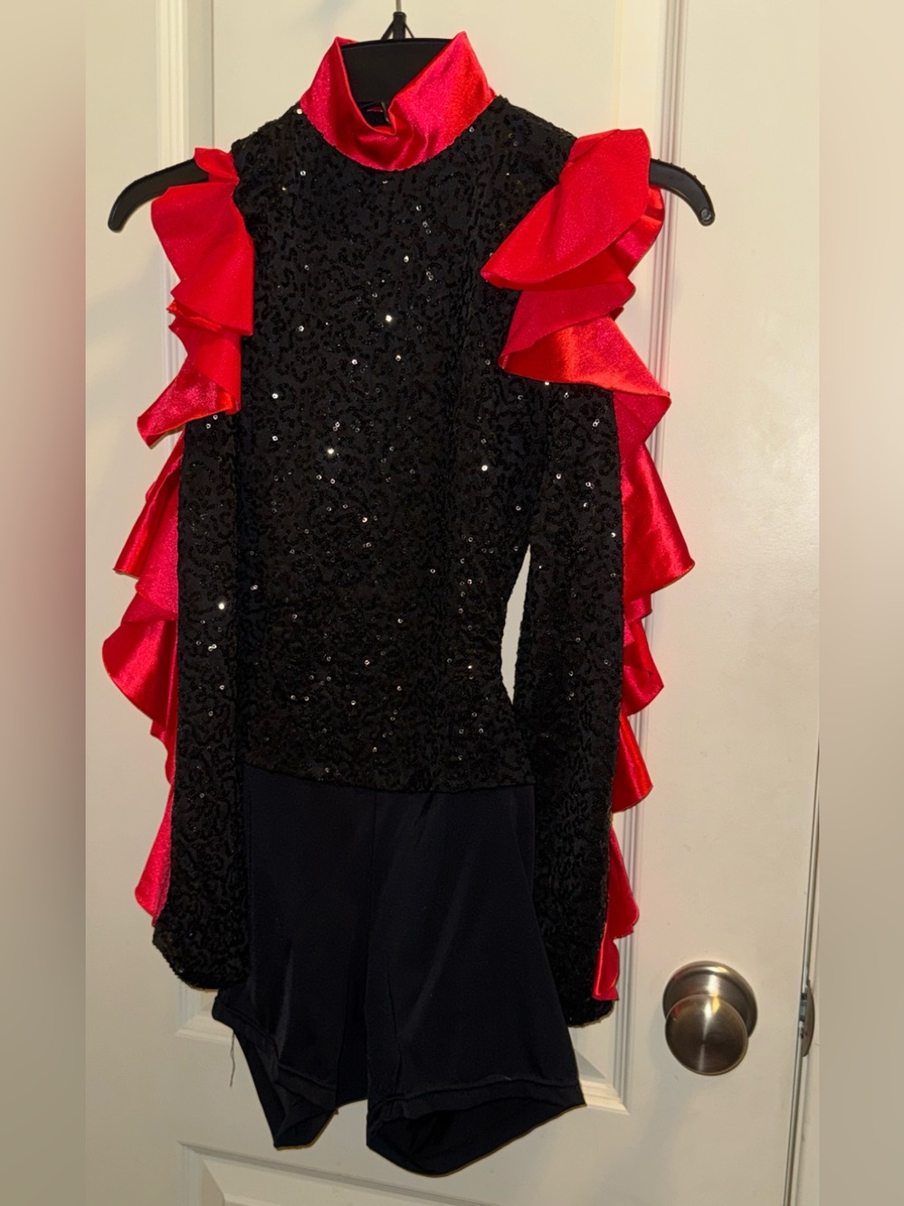 Weissman Black Sequin Jumpsuit with Red Ruffle Trim